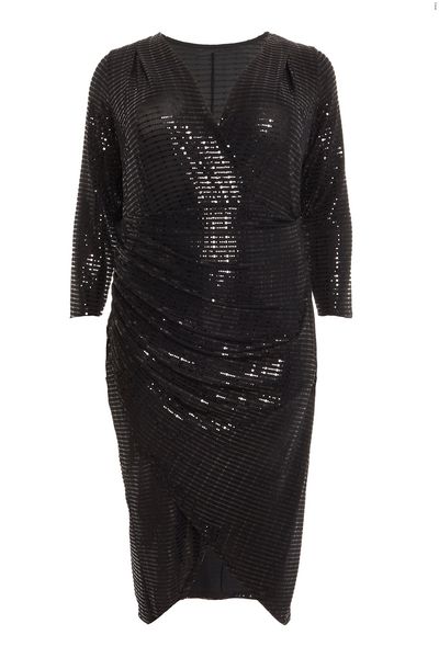Curve Black Sequin Wrap Midi Dress